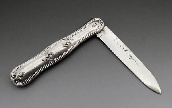 c1850s American Coin Silver Folding Pocket Pen or Fruit Knife Olive Leaf Design