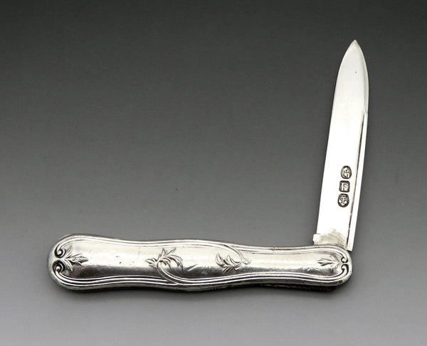 c1850s American Coin Silver Folding Pocket Pen or Fruit Knife Olive Leaf Design