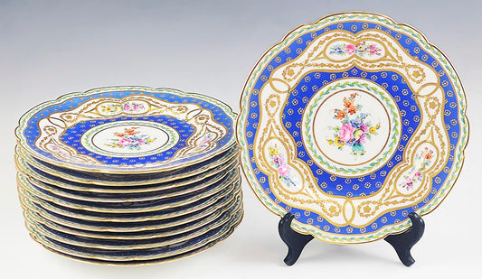 Fine ANTQ Set 12 Royal European Gilded Beaded Dinner Plates Floral Blue White
