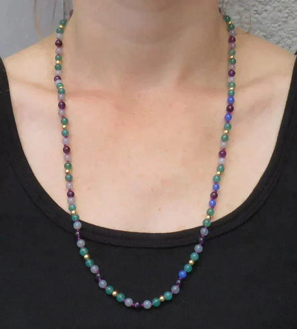 Amethyst, Chrysoprase, Chalcedony Stone & Gold Bead Necklace 14K Clasp 25 Inches