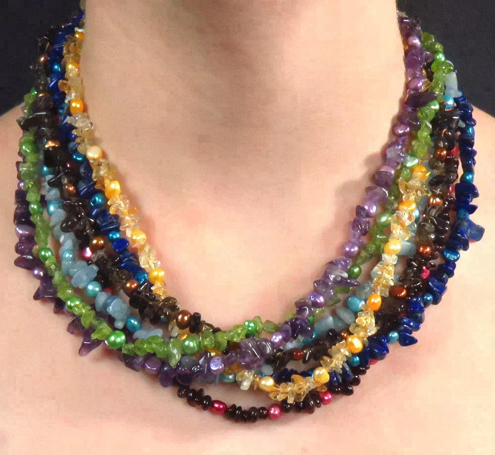 Lovely Rainbow Multistrand Gemstone Beaded Necklace Amethyst Topaz Peridot Lapis