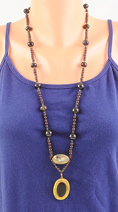 Eye Catching Almandite Garnet Agate & Quartz 20-22kt Gold Bead Necklace