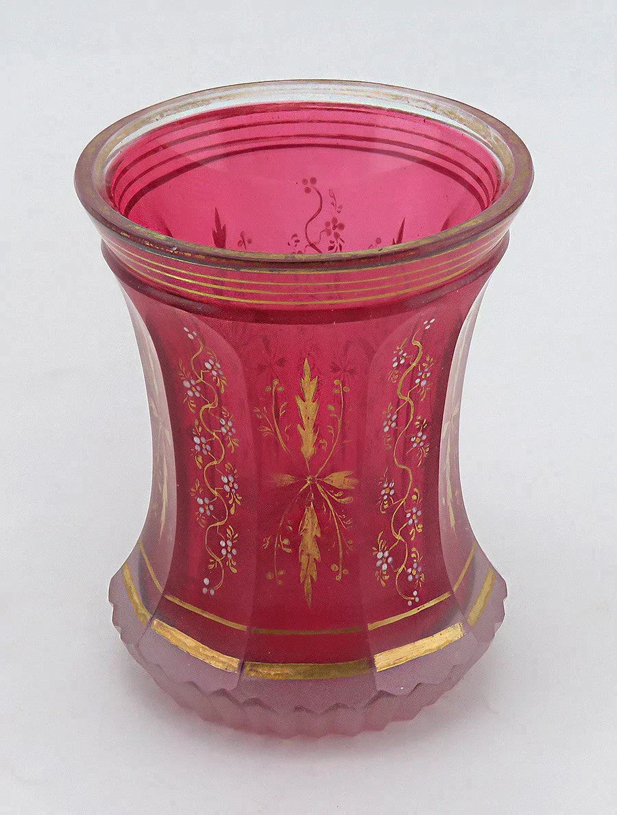 Antique French Opaline Clambroth Cranberry / Ruby Red Gilt Glass Vase