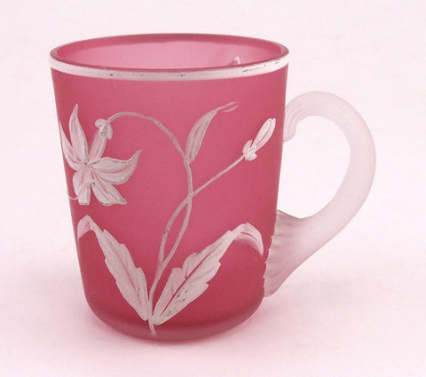 Antique Victorian c1870 Pink Painted Flower Frosted Art Glass Cup or Mug