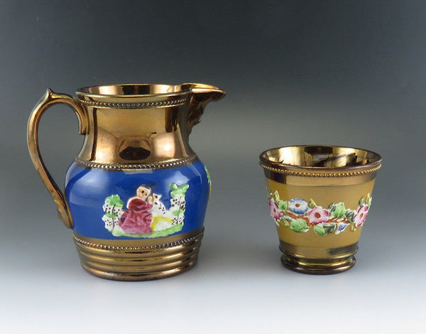 Antique Mid 1800s Staffordshire English Copper Luster Ware Pottery Pitcher & Cup