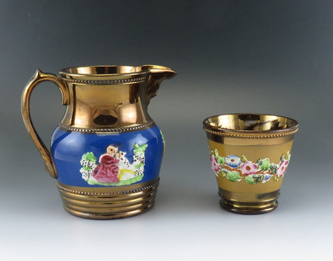 Antique Mid 1800s Staffordshire English Copper Luster Ware Pottery Pitcher & Cup