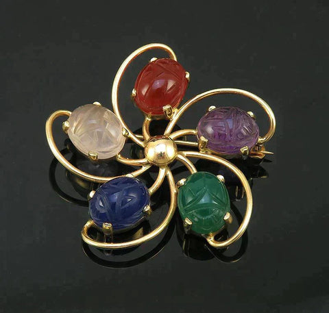 Vintage 14K Yellow Gold & Natural Gemstone Egyptian Scarab Beetle Pin/Brooch