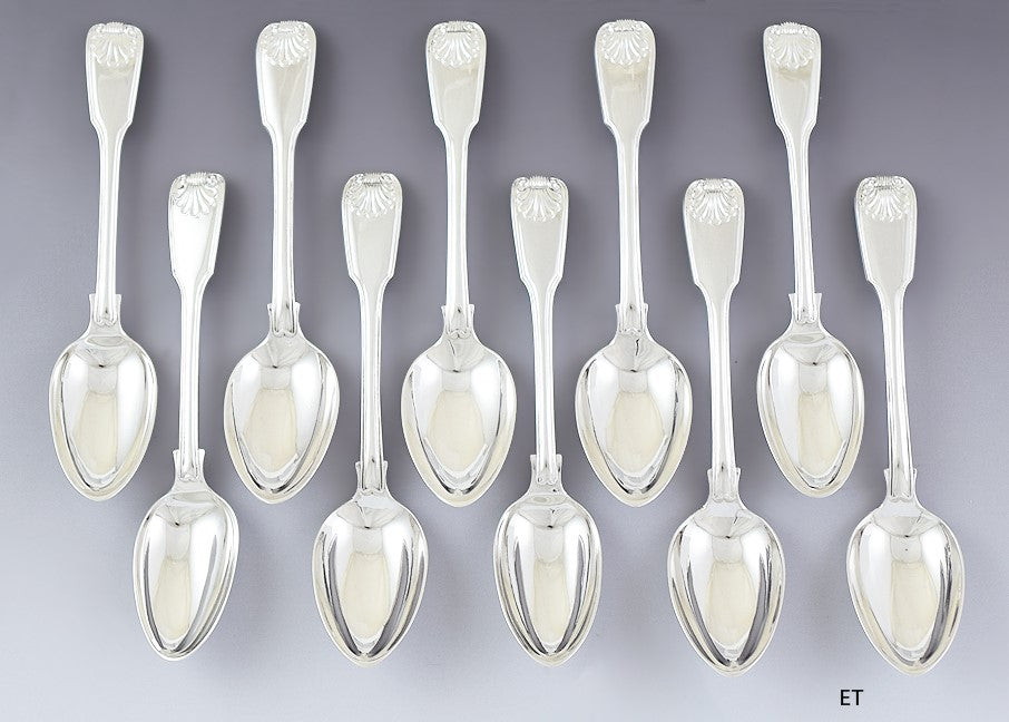 10 English Georgian Sterling Silver Fiddle Thread Shell 7 1/4" Spoons