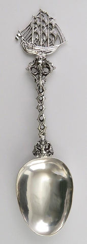 Antique 1902 Dutch Silver Twist Form Brigantine War Ship Boat Serving Spoon