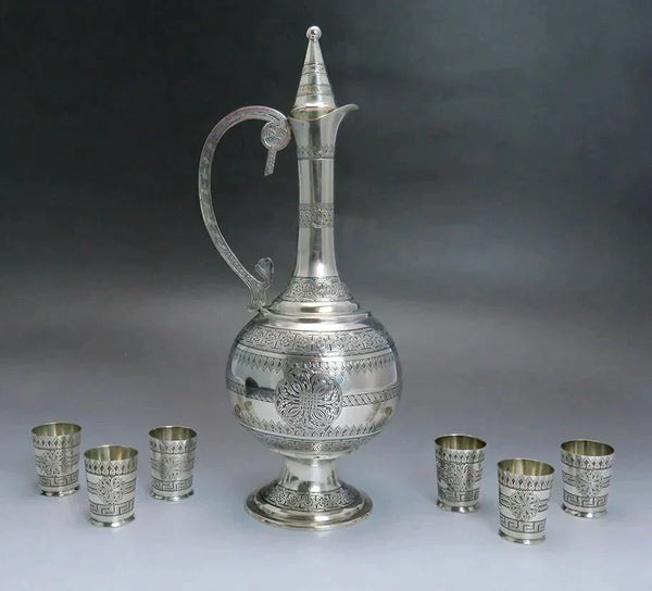 late 1800s/early 1900s Fantastic Turkish Silver Decanter / Ewer & 6 Cups Set