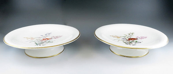 Pair Antique c1870s Copeland England Cake Stands Compotes Butterfly Wild Grasses