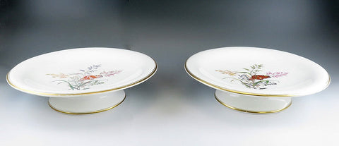 Pair Antique c1870s Copeland England Cake Stands Compotes Butterfly Wild Grasses