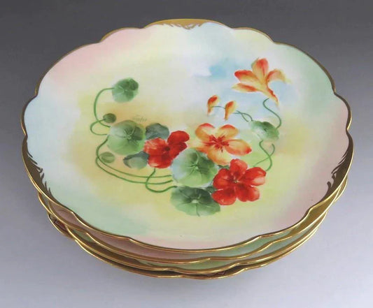 4 Antique Porcelain Hand Painted Gilt Flower Salad Plates