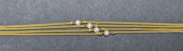 c1880s Victorian 14k Yellow Gold Foxtail Pearl Station Necklace/Fob Watch Chain