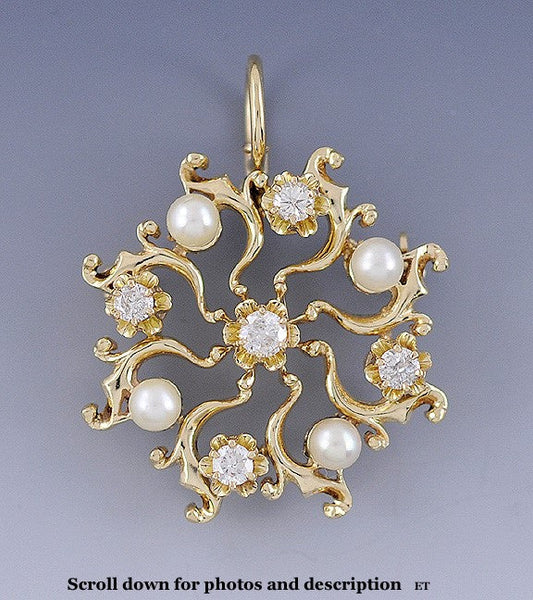 Magnificent Vintage American 14k Gold Pin/Pendant w Pearls Diamonds