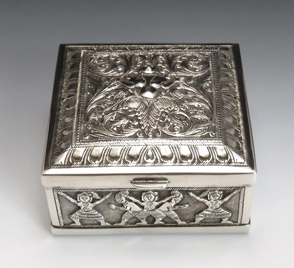 Antique Asian Silver Hand Chased Deity & Elephant Cigarette Box