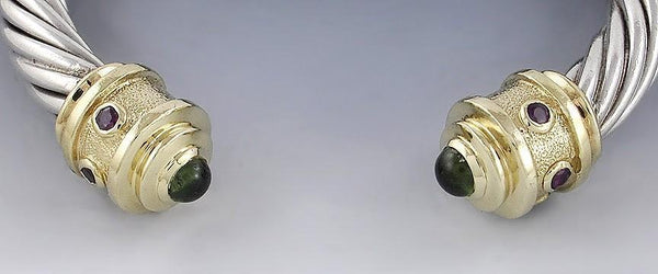 Sterling Silver 14k Gold Green Tourmaline & Ruby Cable Twist Bangle Bracelet