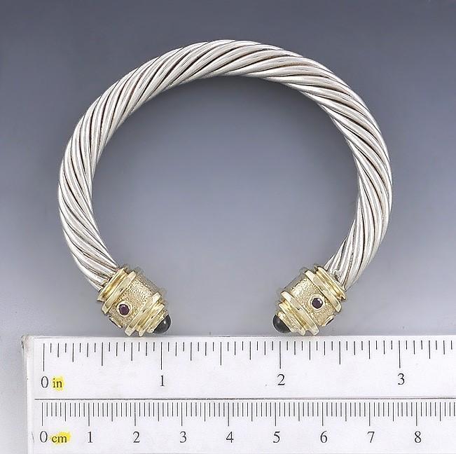 Sterling Silver 14k Gold Green Tourmaline & Ruby Cable Twist Bangle Bracelet
