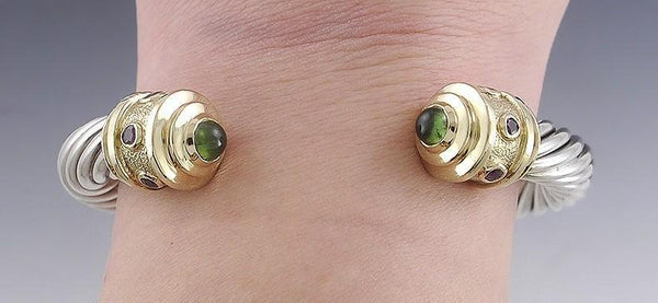 Sterling Silver 14k Gold Green Tourmaline & Ruby Cable Twist Bangle Bracelet