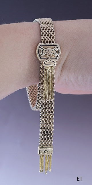 c1877 Lovely American Victorian 10k Gold Hand Engraved Slide Tassel Bracelet