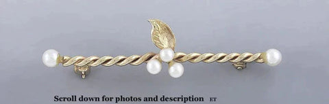 Delightful Modern 14k Gold Pearl Twisted Bar Pin Brooch