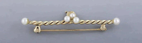 Delightful Modern 14k Gold Pearl Twisted Bar Pin Brooch