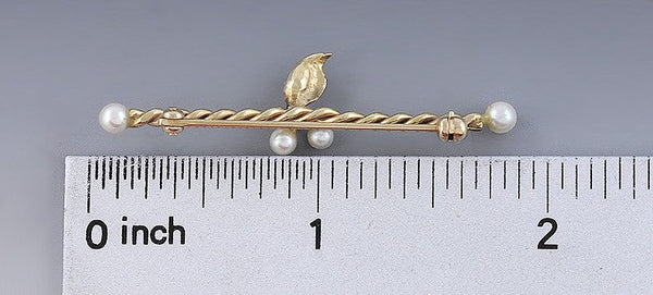 Delightful Modern 14k Gold Pearl Twisted Bar Pin Brooch