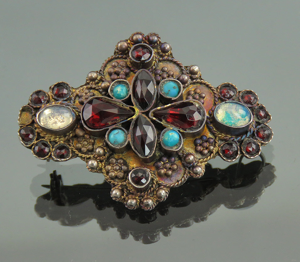 Ornate VTG Israel Sterling Silver Garnet Turquoise Pendant Brooch Pin