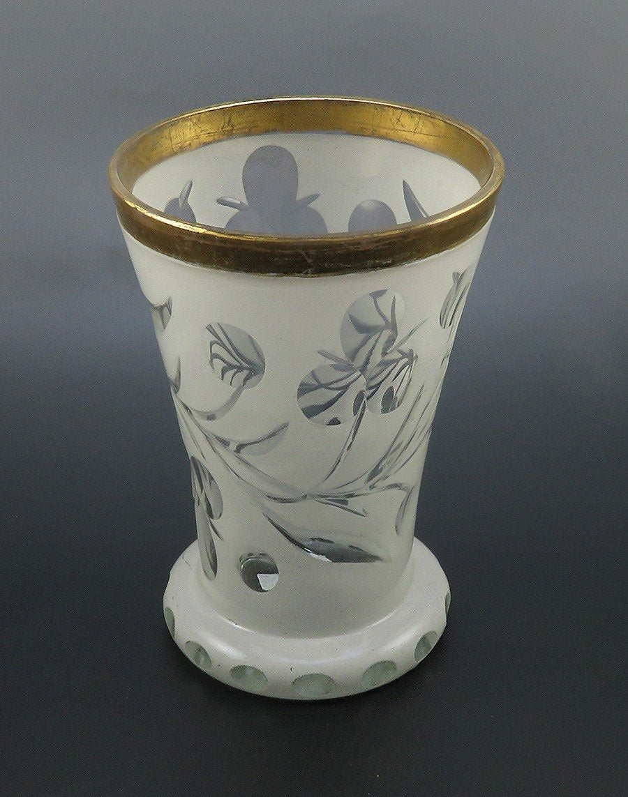 Antique Bohemian White Cut to Clear Crystal Floral Vase Glass