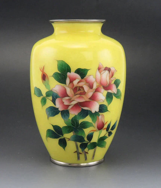 Lovely VTG Japanese Cloisonne Enamel Yellow Floral Roses Vase