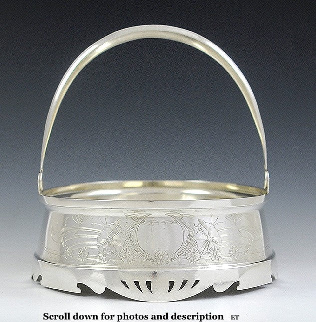 Antique c1900 Russian Silver Engraved Swing Handle Basket