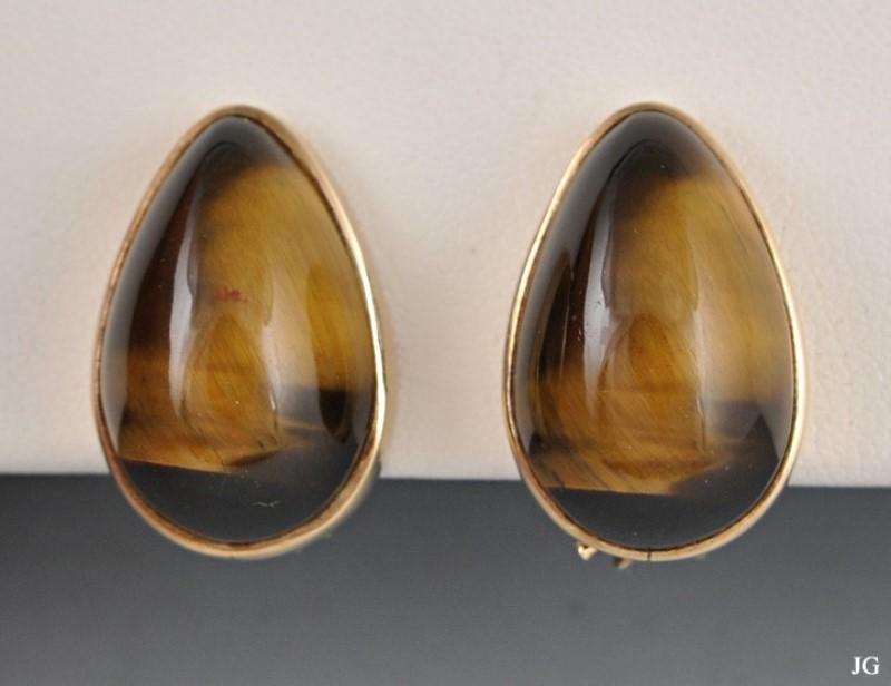 9K Yellow Gold Clip On Earrings Genuine Tiger's Eye Stone