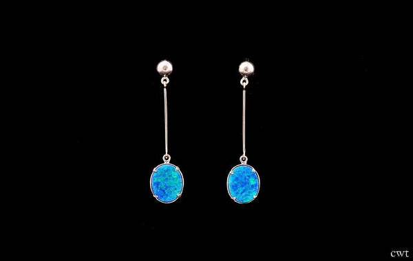 Outstanding Modern 14k Gold and Blue Fiery Opal Dangling Pierced Earrings