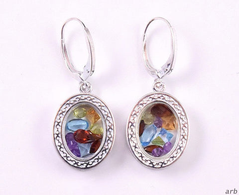 Pair of Sterling Silver Rainbow Gemstone Dangling Pierced Earrings