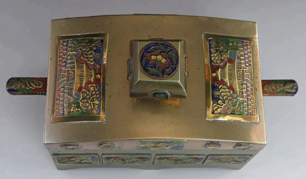 Antique c1900 Chinese Enamel Brass Covered Grand Temple Box