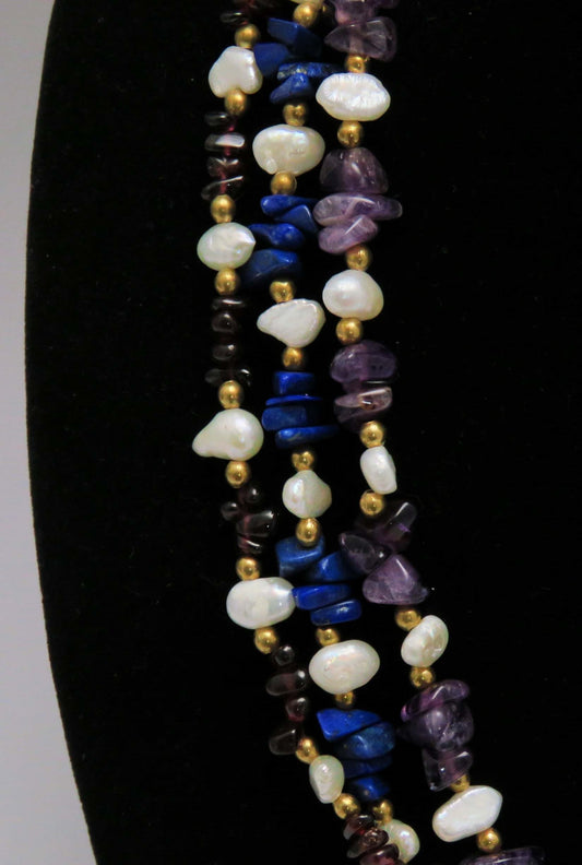 Modern Three Strand Amethyst Pearl Lapis & Garnet Necklace