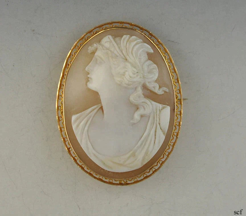 Antique 10K Yellow Gold Cameo Left Facing Goddess Hera Pin Brooch Pendant