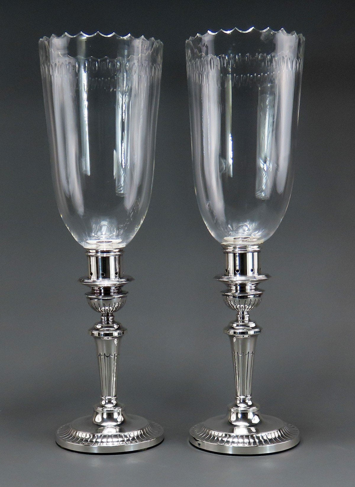 Lovely Pair English Silverplate Hand Chased Cut Glass Hurricane Candlesticks