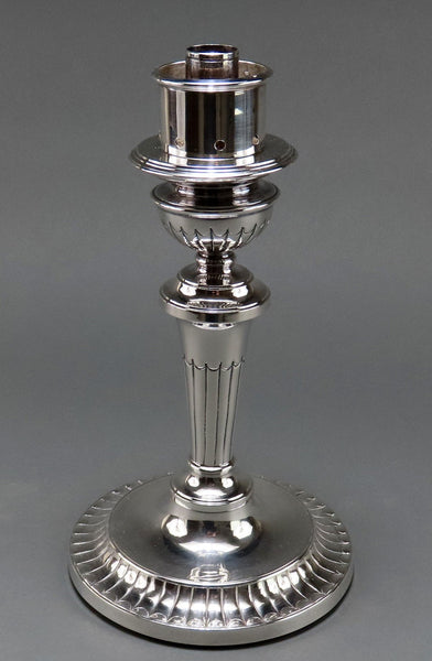 Lovely Pair English Silverplate Hand Chased Cut Glass Hurricane Candlesticks