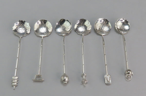 6 Lovely Japanese Sterling Silver Floral Traditional Theme Souvenir Spoons