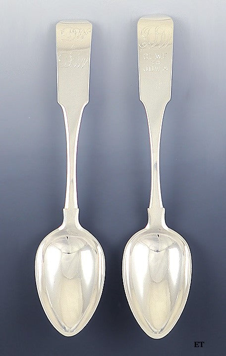 c1815 Great Pair American Coin Silver Serving/Tablespoons Fiddle Pat by Emery