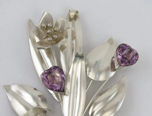 Vintage 1940's or 1950's Sterling Silver Amethyst Flower Bouquet Pin