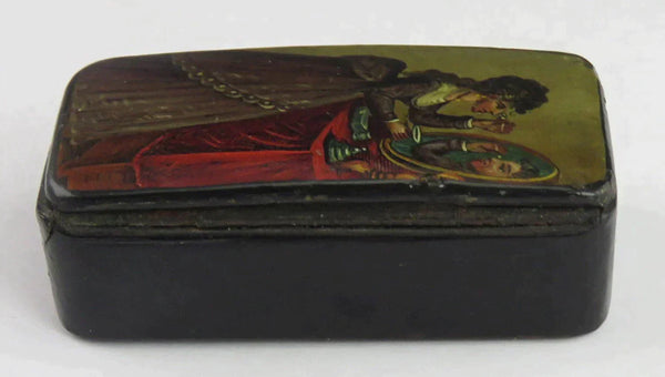 Rare Antique Victorian c1830 English Paper Mache Lacquer Bearded Lady Snuffbox