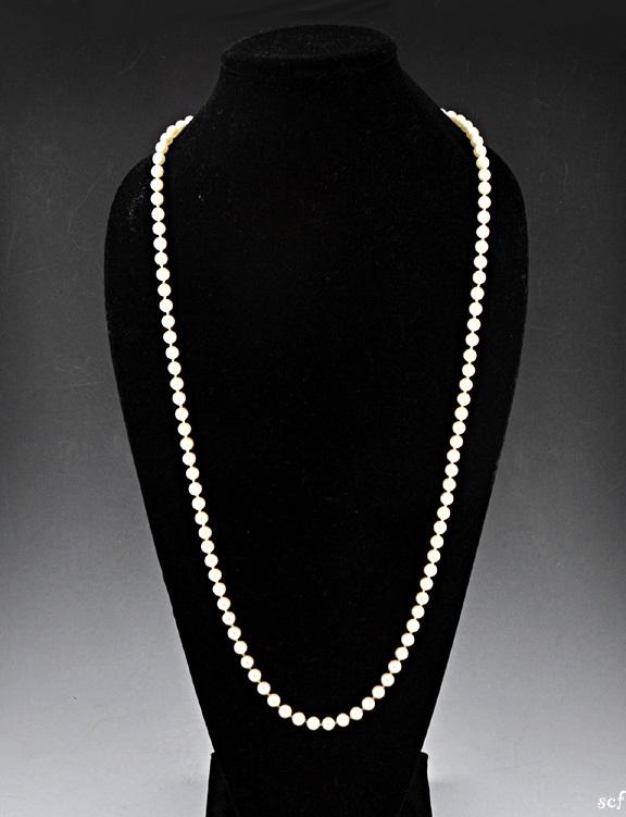Beautiful Long Genuine Pearl Necklace w/ 14K Yellow Gold Filigree Clasp