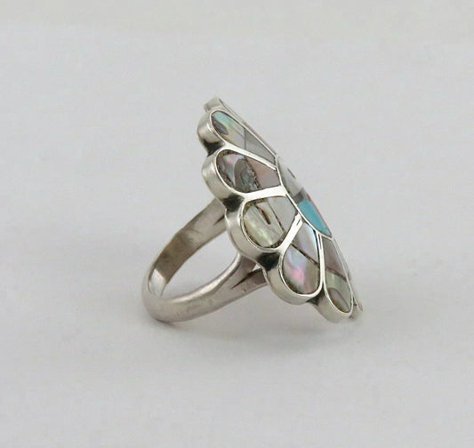 Native American Indian Sterling Silver Turquoise Coral MOP Zuni Sun Face Ring