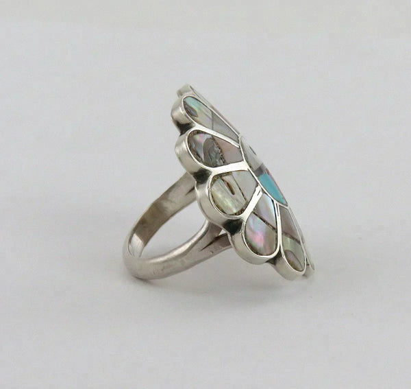 Native American Indian Sterling Silver Turquoise Coral MOP Zuni Sun Face Ring