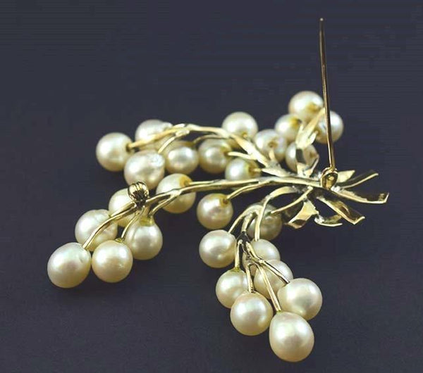 High Quality 14k Yellow Gold Pearl Branch Pin Brooch w/ Ribbon