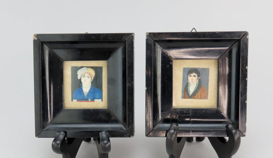Nice Pair Early 1800s English Handpainted Miniature Portrait Paintings Man Woman