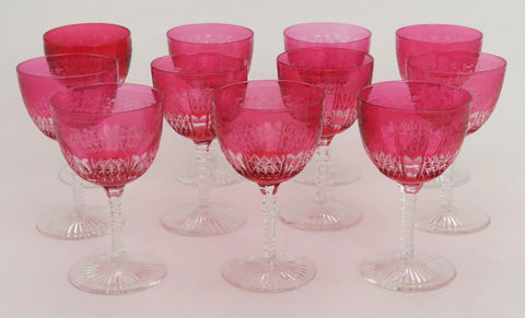 11 antique superb quality wheel cut ruby red wine glasses, c 1870.