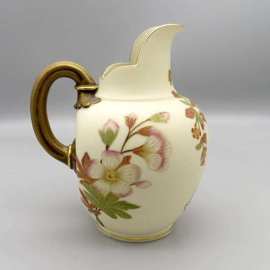 Antique 1886 Royal Worcester English Ivory Porcelain Floral Pitcher Jug 6 1/4"